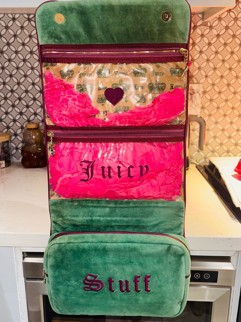 👑 VTG Y2K Juicy Couture Green Velour Hanger Makeup Bag • Real Juicy Princess - Picture 8 of 11